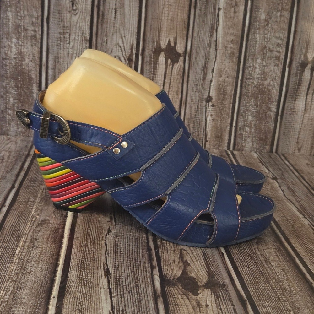 Sz 10 John Fluevog Sophie Blue Leather Rainbow Heel Slingback Sandals VGUC